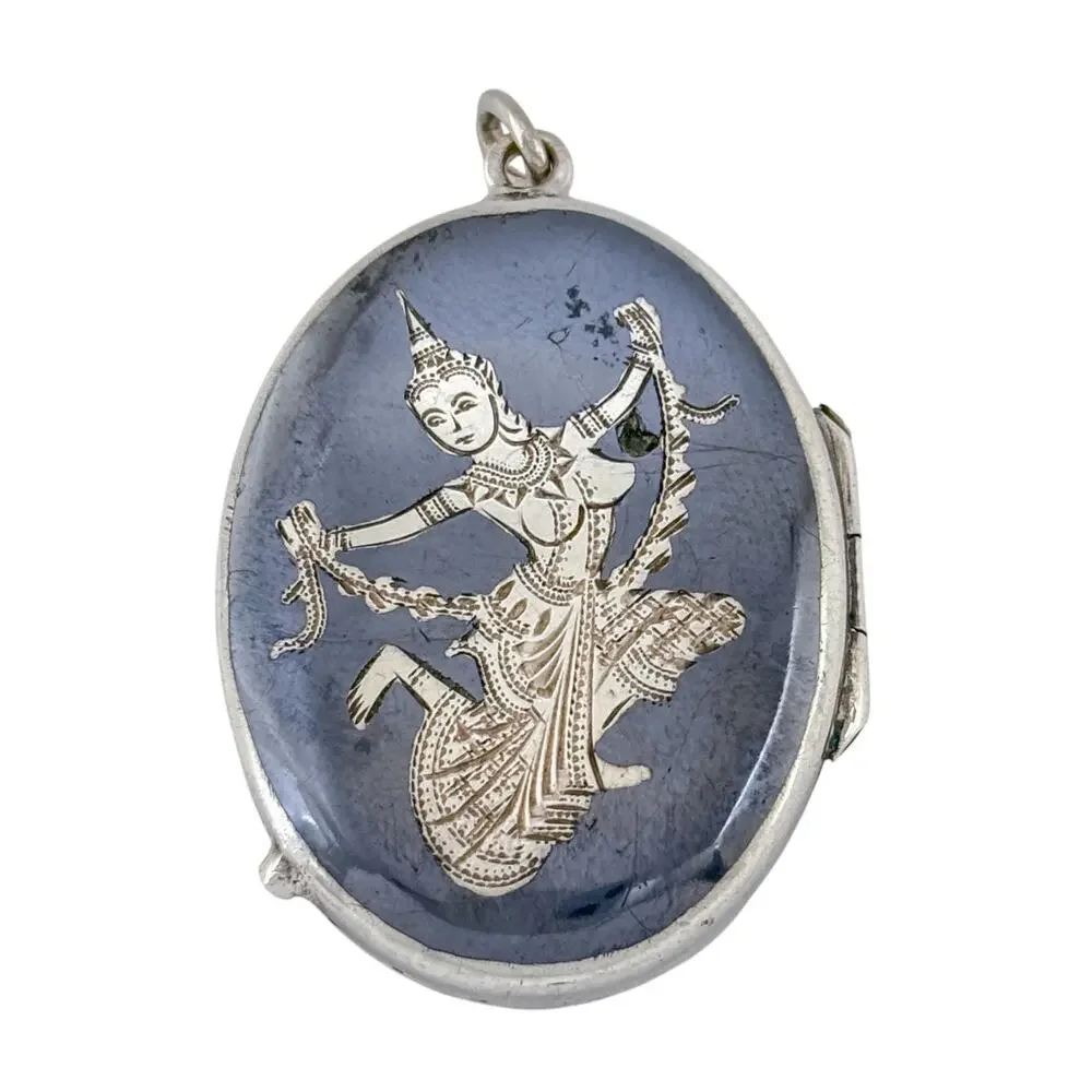 Vintage Sterling Silver 925 Siam Black Niello Dancer Locket